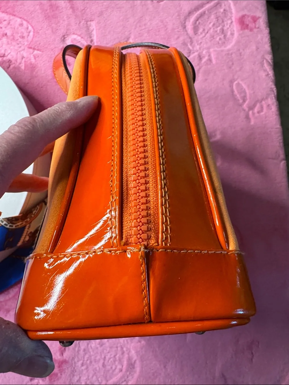 Gucci Coral Canvas & Orange Patent Leather TopZip Satchel/Crossbody Bamboo Pulls